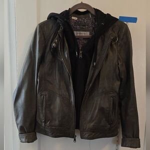 Marc New York | Forest green leather zip-up jacket with built-in hoodie | Medium